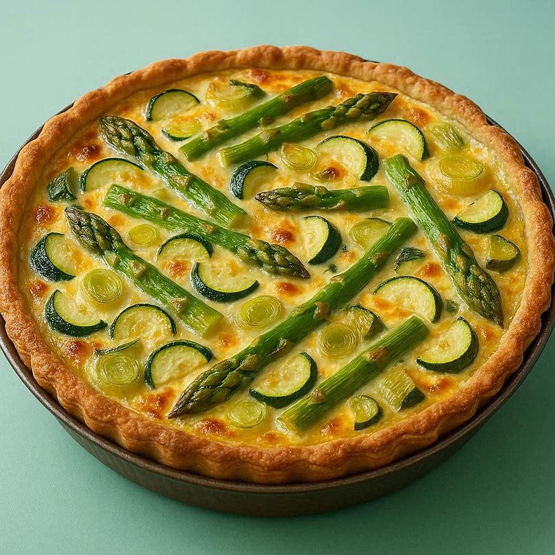 Saftige Frühlingsquiche mit grünem Gemüse wie Zucchini, Lauch und grünem Spargel belegt. Mit Käse überbacken.