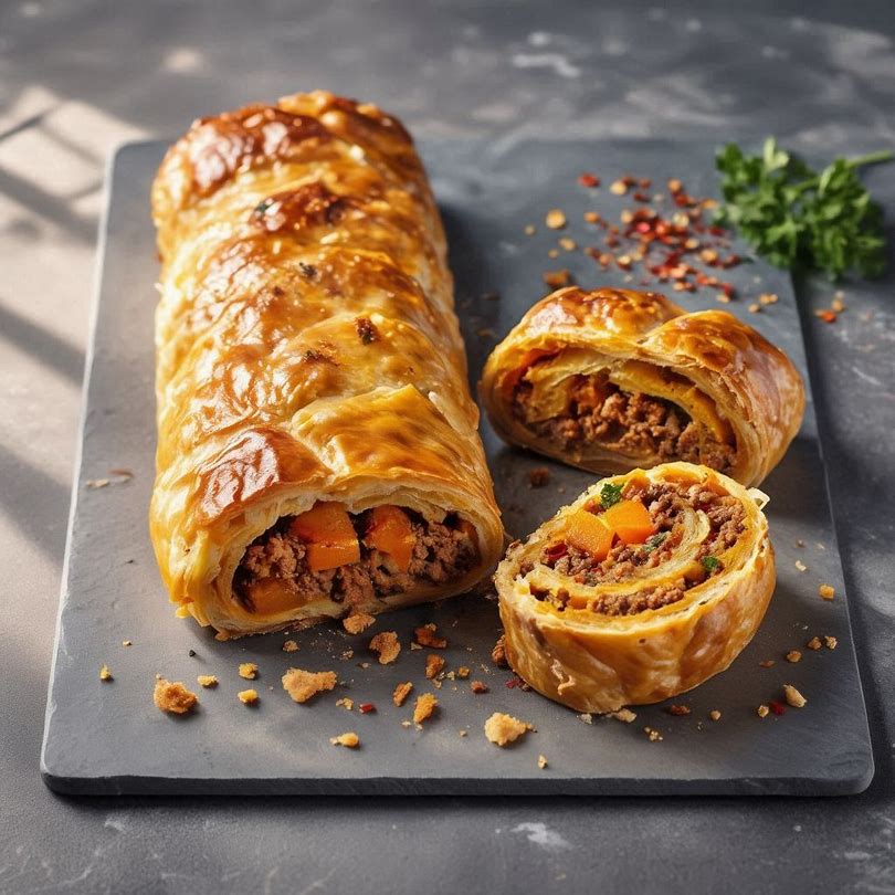 Goldbraun gebackener, knuspriger Kürbisstrudel mit Hackfleisch-Feta-Füllung in Scheiben geschnitten auf einem Teller serviert.