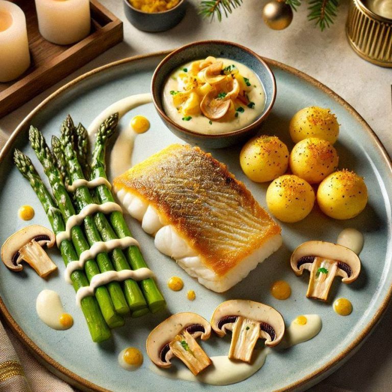 Rotbarschfilet mit grünen Spargel, gebratenen Champignons und Safrankartoffeln Küstenküche