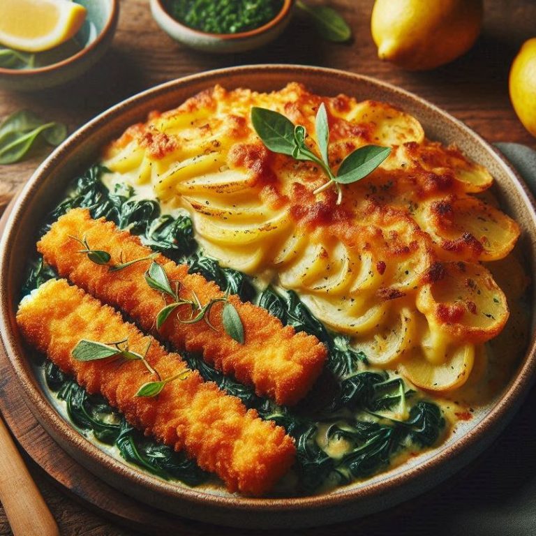 Fischstäbchen auf Blattsalat mit Kartoffelgratin Zeit für das Wesentliche: Gutes Essen