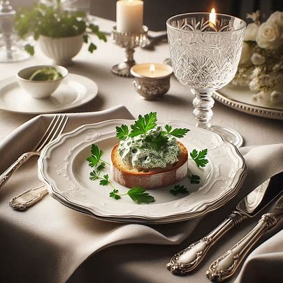 Erster Gang, volle Power – edle Vorspeise mit Petersiliencreme auf Brot Fein angerichtete Vorspeise im Fine-Dining-Stil: Petersiliencreme auf frischem Brot, modern serviert als luxuriöser erster Gang.