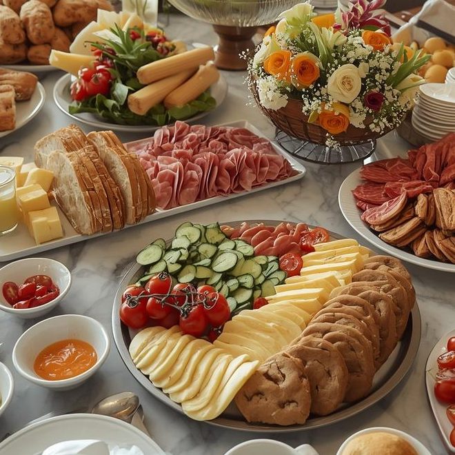 Guten Morgen! Elegantes Frühstücksbuffet mit Käse- und Wurstplatten, frischem Obst, Brotkorb, Butter, Marmelade und Smoothies auf modern gedecktem Tisch.
