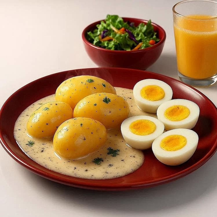 Senfeier mit Kartoffeln und Salat Senfeier mit Salzkartoffeln und frischem Salat auf einem Teller, Eier in cremiger Senfsauce serviert – klassisches deutsches Hausmannskostge